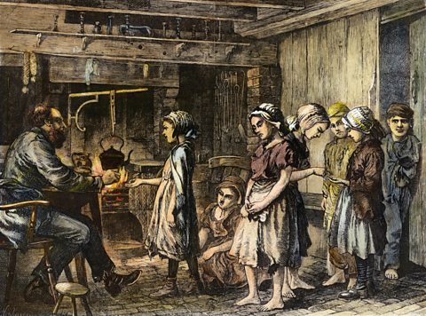 A colourised engraving from 1871 showing child labourers being paid for their work in a brick factory.