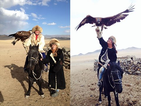 Abi Elphinstone in Mongolia with eagle huntress Aisholpan and also on horseback with an eagle on her arm.