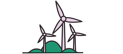 Three cartoon light purple wind turbines with three dark green hills.