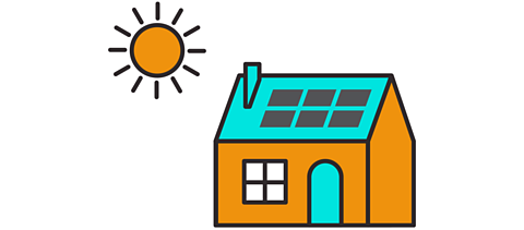 Cartoon of an orange sun and orange house with a blue roof and black solar panels on top.