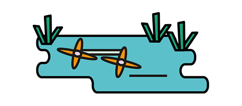 Cartoon of two orange crosses as propellers in a blue flowing river with green plants.