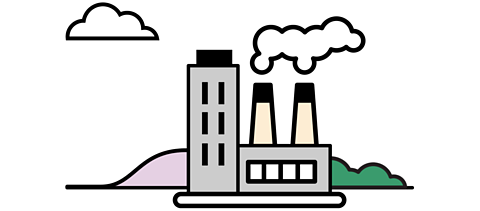 A grey cartoon building with a tall tower block and two white chimneys with smoke.