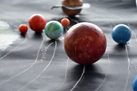 Styrofoam balls, painted to look like planets sat on black poster paper.