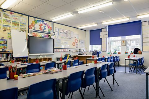 Empty classroom with busy colourful designs on the wall.