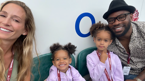 Ugo Monye with his 2 daughters and wife Lucy.