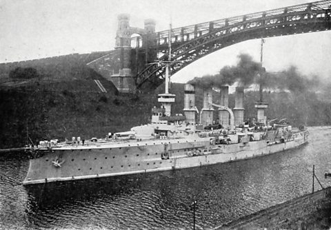 The German battleship, SMS Yorck, travelling along the Kaiser Wilhelm Canal.