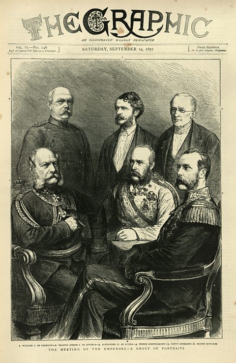 An illustration showing a meeting of the League of the Three Emperors: William I, German Emperor. Francis Joseph I, Emperor of Austria-Hungary, Alexander III of Russia (front row) with the statesmen, Otto von Bismarck, Count Andrassy, and  Prince Gortchakoff (back row).