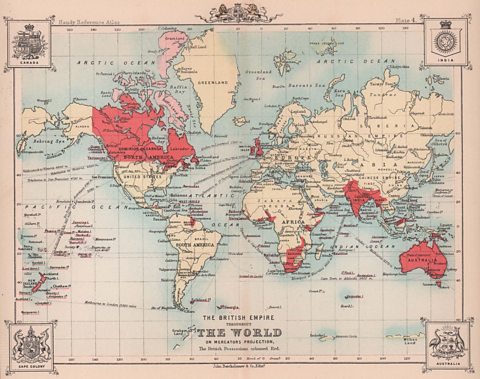 A map from 1893 showing the extent of the British Empire. British-controlled territories are shown in red.