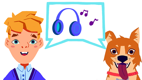 A boy and a dog with a shared speech bubble, with headphones in it.