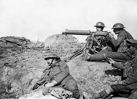 British soldiers using a Vickers machine gun in the trenches during WW1.