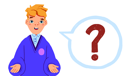 A boy with a question mark in a speech bubble, asking what someone is doing.