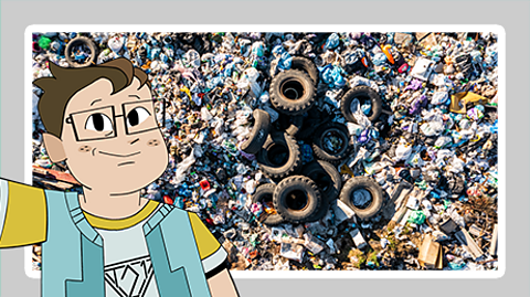 Regenerators Back Chat animated character Daz next to photo of landfill