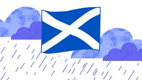 Rainy clouds and the Scottish flag.