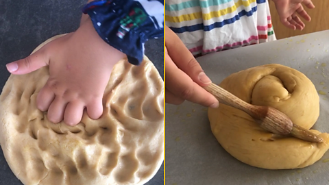 2 images - a child's hand kneading dough and a child's hand glazing challah with honey.