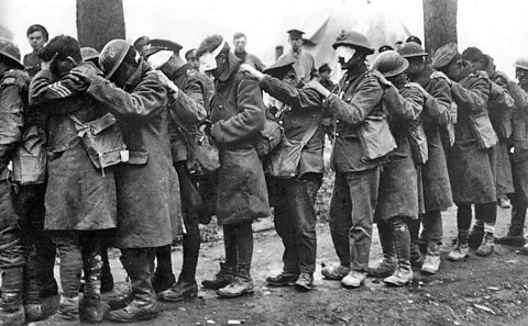 Men of the British 55th (West Lancashire) Division blinded by a poison gas attack, 1918.