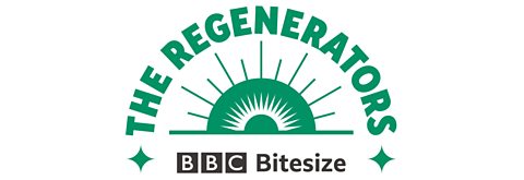 The Regenerators Logo green crescent over sun dial icon and 鶹Լ Bitesize logo