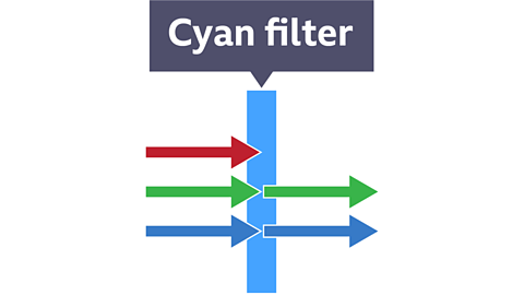 An image of a cyan filter – red, green and blue light rays travelling towards filter. The blue and green rays are transmitted and pass through the filter, but the red light ray is absorbed in the filter.  