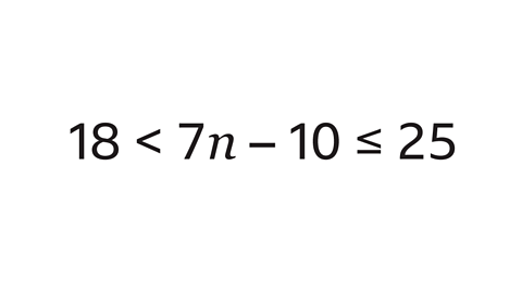 An inequality. Eighteen is less than seven n minus ten is less than or equal to twenty five.