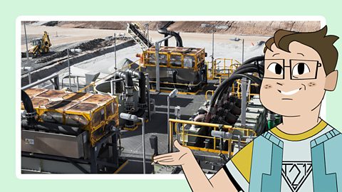 Regenerators character Daz in front of a lithium mining plant photograph