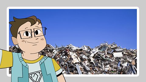 Regenerators character Daz in front of a landfill waste photograph