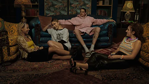 A24 In Bodies Bodies Bodies, a 'hurricane party' at a mansion turns deadly after a group play a 'murder in the dark' game (Credit: A24)