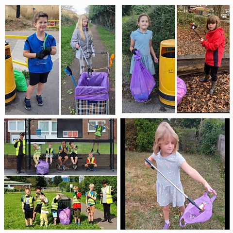 7 different pictures merged together into a montage. They include the school children litter picking.