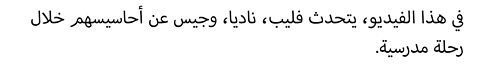 في هذا الفيديو، يتحدث فليب، ناديا، وجيس عن أحاسيسهم خلال رحلة مدرسية