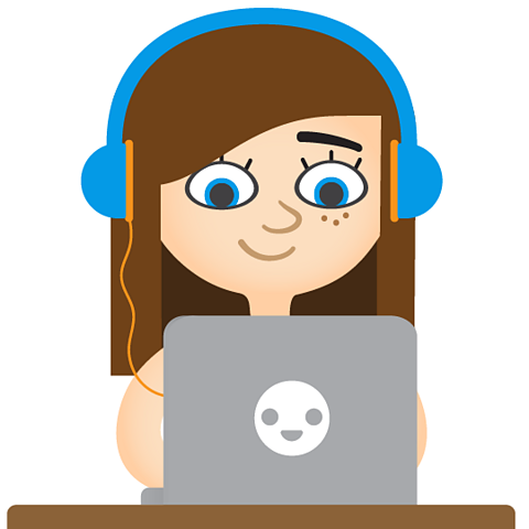 An illustration of a girl with blue headphones on looking at a laptop.