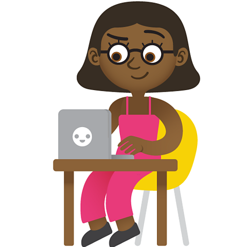 A cartoon image of a girl wearing glasses, sat looking prepared to work hard on her laptop.