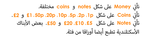 Money: coin and note denominations listed.