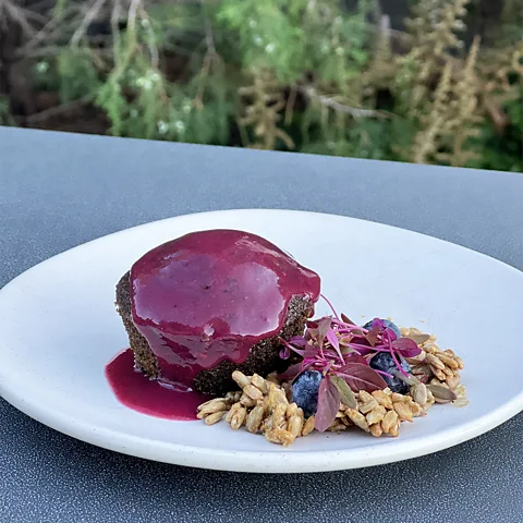 Dana Thompson Mixed berry wojape served over a maple chaga cake with sunflower-seed brittle (Credit: Dana Thompson)