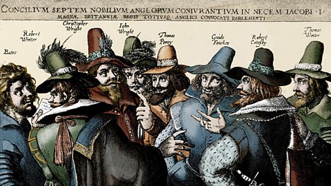 An illustration of the Gunpowder plotters conspiring. From left to right: Bates, Robert Winter, Christopher Wright, John Wright, Thomas Percy, Guido Fawkes, Robert Catesby and Thomas Winter