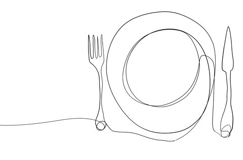 A line drawing of a plate and some cutlery. 