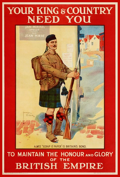 A recruitment poster showing a Scots guard in kilt standing at ease on a French street, 1914.