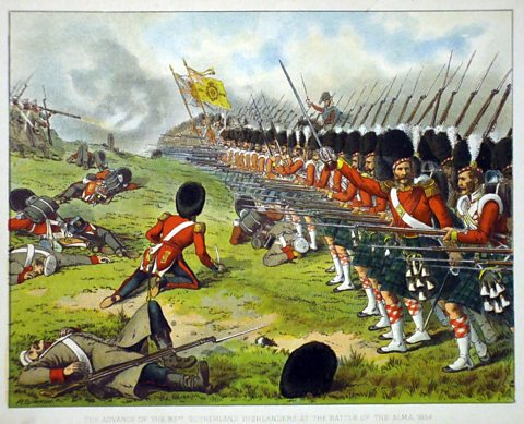 Illustration showing the Argyll and Sutherland Highlanders fighting at the Battle of the Alma River during the Crimean War of 1854.