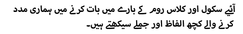 آئیے سکول اور کلاس روم کے بارے میں بات کرنے میں ہماری مدد کرنے والے کچھ الفاظ اور جملے سیکھتے ہیں