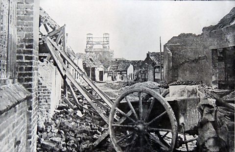 A photograph showing the ruins of the town of Loos. The battle was the largest British offensive on the Western Front in 1915. 