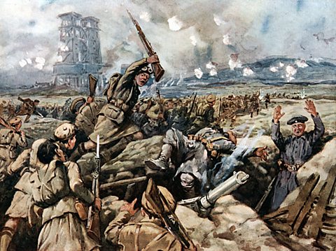 An illustration showing Scottish regiments, with bayonets drawn, attacking German trenches at the Battle of Loos, 1915.