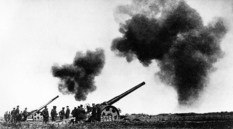 British naval guns firing at German forces on the Western Front, WW1.