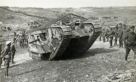 A British tank makes its way to the front line at the Battle of the Somme, 1916.