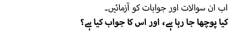 اب ان سوالات اور جوابات کو آزمائیں۔ کیا پوچھا جا رہا ہے، اور اس کا جواب کیا ہے؟