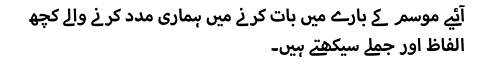  آئیے موسم کے بارے میں بات کرنے میں ہماری مدد کرنے والے کچھ الفاظ اور جملے سیکھتے ہیں۔