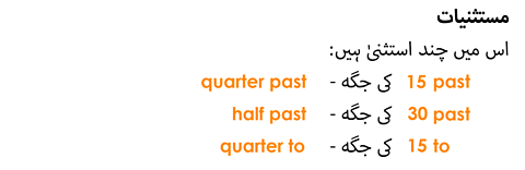 Exceptions: quarter past, half past, quarter to.