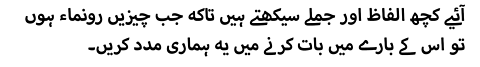 آئیے کچھ الفاظ اور جملے سیکھتے ہیں تاکہ جب چیزیں رونماء ہوں تو اس کے بارے میں بات کرنے میں یہ ہماری مدد کریں۔