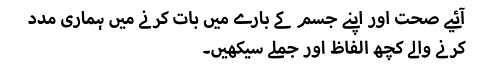 آئیے صحت اور اپنے جسم کے بارے میں بات کرنے میں ہماری مدد کرنے والے کچھ الفاظ اور جملے سیکھیں۔