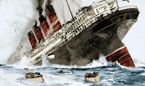 An illustration showing the sinking of the Cunard ocean liner RMS Lusitania, 7th May 1915. A German submarine torpedoed the ship and 1,198 passengers and crew were killed.