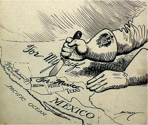 A political cartoon from 1917 about the Zimmermann Telegram. The cartoon shows a German hand carving off the southern states of America with the message 'For Mexico.' 