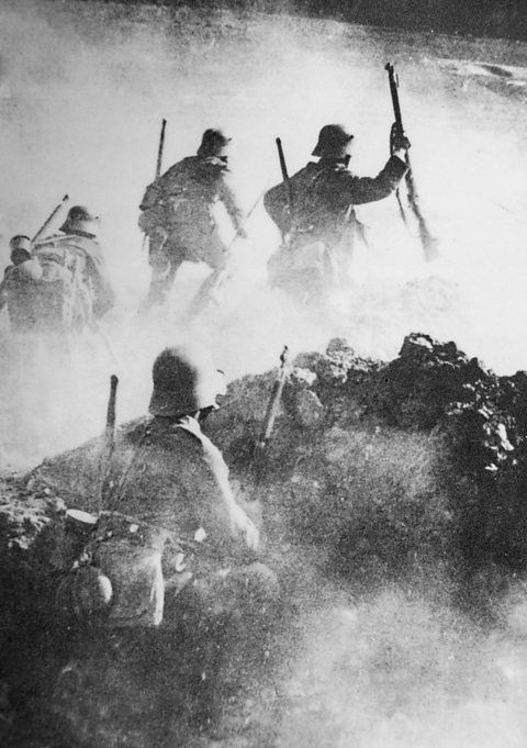 German stormtroopers advance towards enemy positions during the Spring Offensive of 1918.