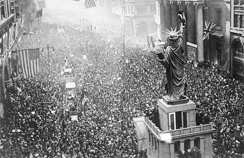 A Statue of Liberty model at the Armistice celebration in Philadelphia, Pennsylvania, USA. on 11th November, 1918.