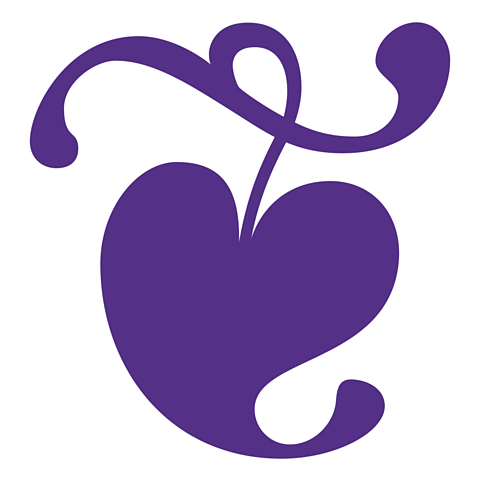 A purple hedera punctuation mark. It looks like a heart with a sideways S above it, connected by a curve.